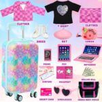 18 inch Doll Clothes Accessories Girl Suitcase Luggage Travel Set Including 18 inch Doll Clothes Hat Handbag Sunglasses Camera Computer Passport Cell Phone Tablet, Gift for Christmas Birthday