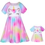 Play Tailor Doll and Girl Matching Nightgown Unicorn Outfit Pajamas Night Dress for Girls and 18″ Dolls Clothes (Doll Not Included), 3-4T, Colorful Purple