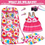 K.T. Fancy 6 Pcs 18 Inch Dolls Carrier Bag Set and Accessories Including 18 Inch Girl Doll Clothes, Doll Hair Clip, Doll Picnic Blanket, Mini Toy Camera (No Doll)