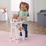 Badger Basket Wooden Doll High Chair with Feeding Tray, Bib, Personalization Kit, and Accessories – Fits 18-Inch Dolls, White with Pink Gingham Seat for Pretend Play