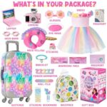 Golray American 18 Inch Doll Suitcase Travel Set – 18 Toy Doll Accessories and Clothes with Luggage & Rainbow Dress & Backpack & Pillow & Sunglasses & Camera, Christmas Birthday Gift Girls Aged 3-8