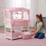 Badger Basket Doll Bed with Bedding, Storage Baskets, and Mobile – Fits Dolls up to 22 inches – Classic Nursery Design for Dolls and Accessories