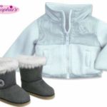 American Doll Jacket & Button Doll Boots in Suede Style & Fur Trim, 2 Pc. Set Fits 18 Inch Dolls. Stylish White/Gray Nylon/Fleece 18 Inch Doll Jacket & Gray Ewe Boots Doll Accessories