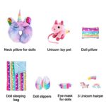 American Girl Doll Travel Set – 18 inch Doll Sleeping Bag Set with Unicorn Luggage, Dress, Eye Mask, Unicorn Toy pet, Hairpins, Doll Clothes and Accessories for American Girl