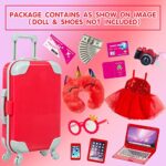 XFEYUE 18 inch Doll Clothes and Accessories – Suitcase Travel Luggage Play Set, Including Doll Clothes, Sunglasses, Camera, Computer, Mobile Phone, Unicorn Pillow Fit 18 inch Girl Doll