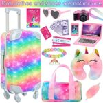 K.T. Fancy 9 PCS American 18 Inch Girl Doll Accessories Suitcase Luggage Travel Set Including Rainbow Suitcase Rainbow Bag Camera Computer Cell Phone Neck Pillow Eye Mask Pink Glasses Bracelet etc