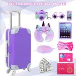 dudubell 18 Inch Doll Accessories Travel Gear Play Set, Including Suitcase Luggage, Clothes, Sunglasses, Camera, Pad, Fit for American Girl, Our Generation, My Life Dolls-Purple (Not Include Doll)