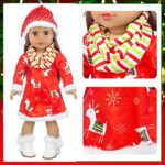 K.T.Fancy 8 PCS American 18 Inch Girl Doll Christmas Clothes and Accessories Set Including 3 Set Christmas Clothes and Dress Headband Boots Head Clip Bag Best Gift for Your Child