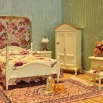 iLAND Wooden Dollhouse Furniture 1/12 Scale, Dollhouse Bedroom Furniture in Cream Color incl Dollhouse Bed & Dressing Table & Wardrobe (Elegant Miniature Furniture 6pcs)